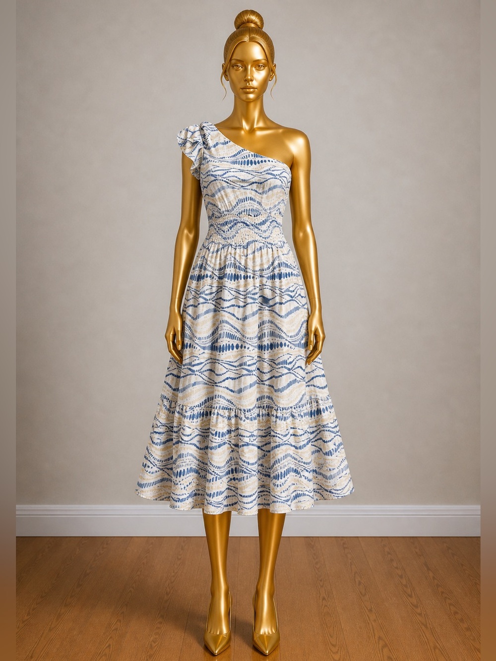 SHEIN One-Shoulder Blue and Cream Dress